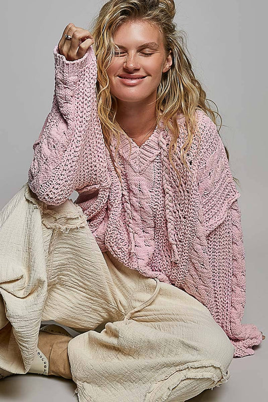 Oversize Fit V-neck Hooded Cable Knit Chenille Sweater SALE