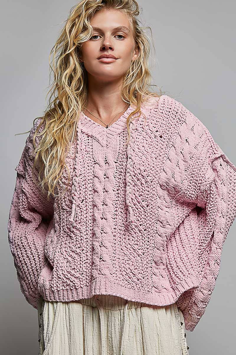 Oversize Fit V-neck Hooded Cable Knit Chenille Sweater SALE