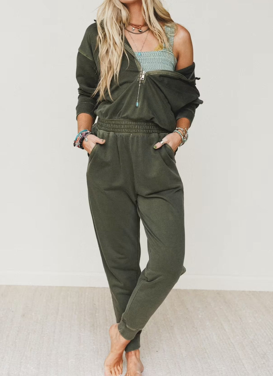 Washed 1/2 Zip Jumpsuit