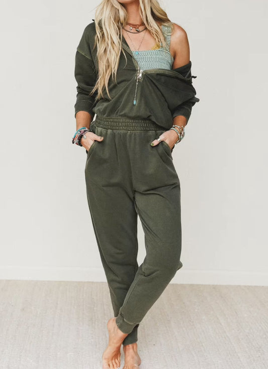 Washed 1/2 Zip Jumpsuit