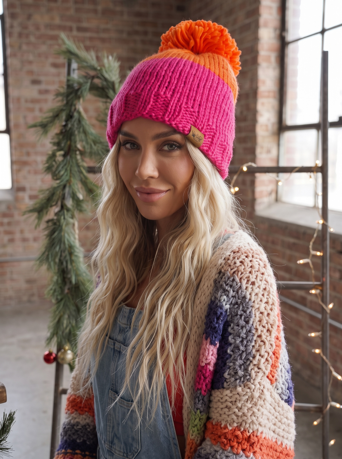 Color Block Pom Pom Beanie