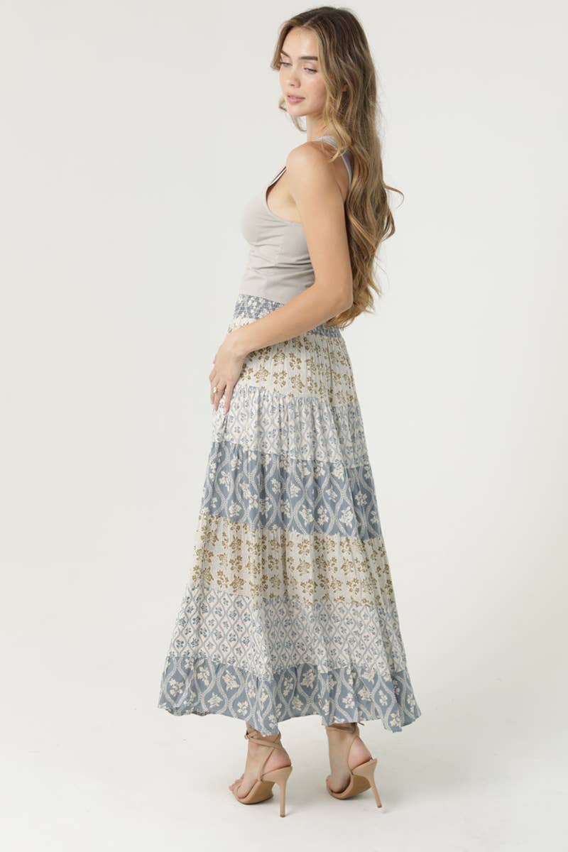 26P57-AA04 MIX PRINT TIERED A LINE SMOCKED WAISTBAND MAXI SK