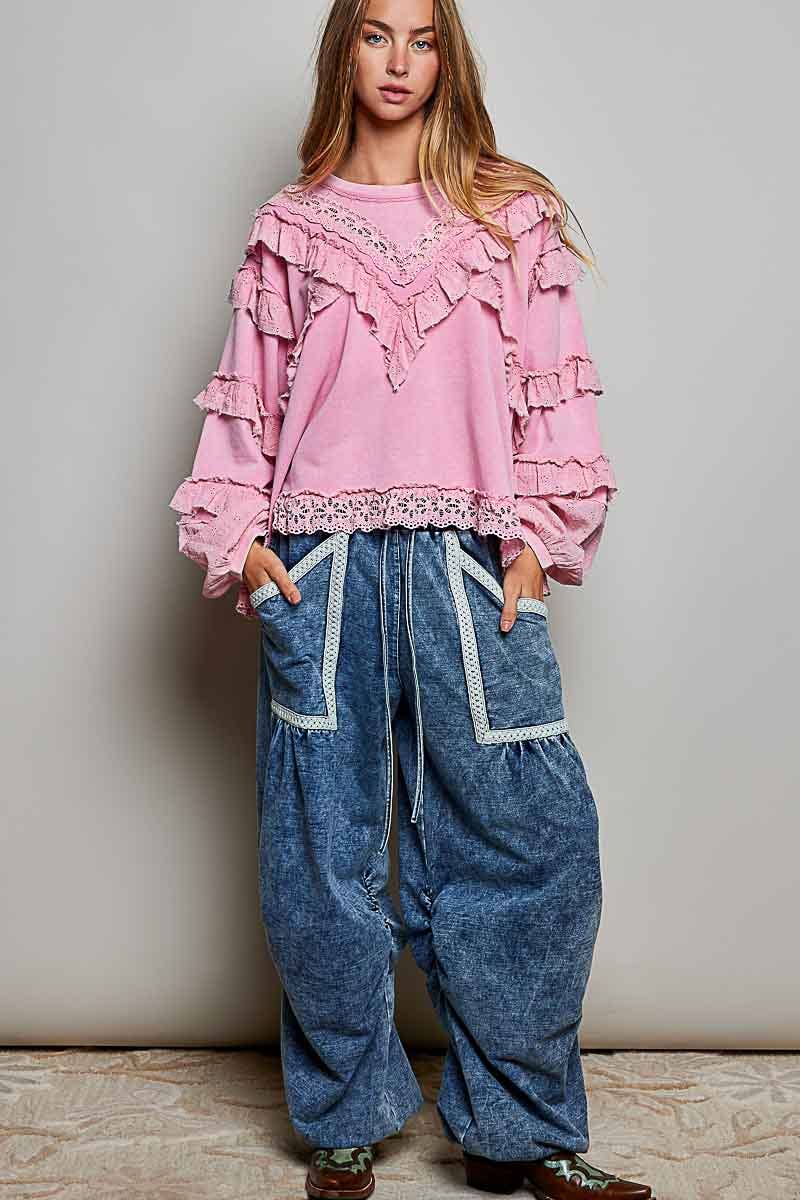 POL Eyelet Ruffle Sweatshirt