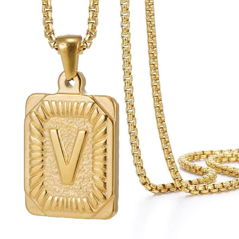 18K Gold Plated Stainless Steel Rectangle Initial Necklace