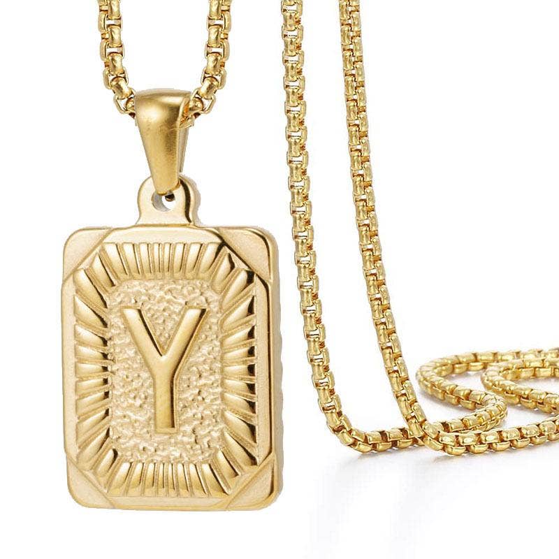 18K Gold Plated Stainless Steel Rectangle Initial Necklace