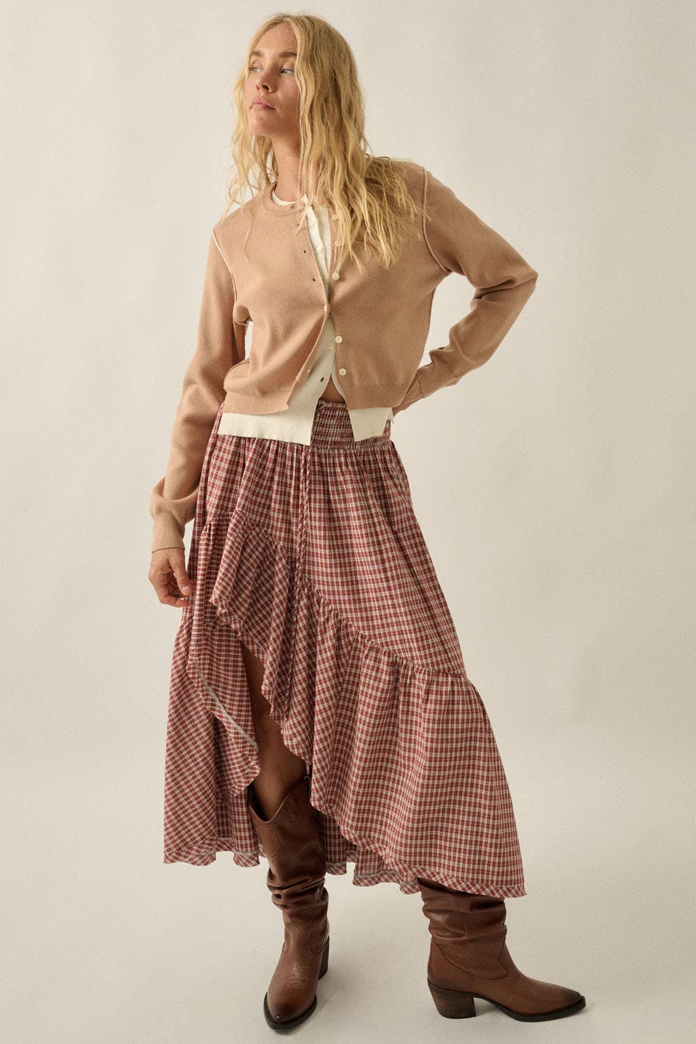 Plaid Asymmetrical High-Low Smocked Ruffle Maxi Skirt