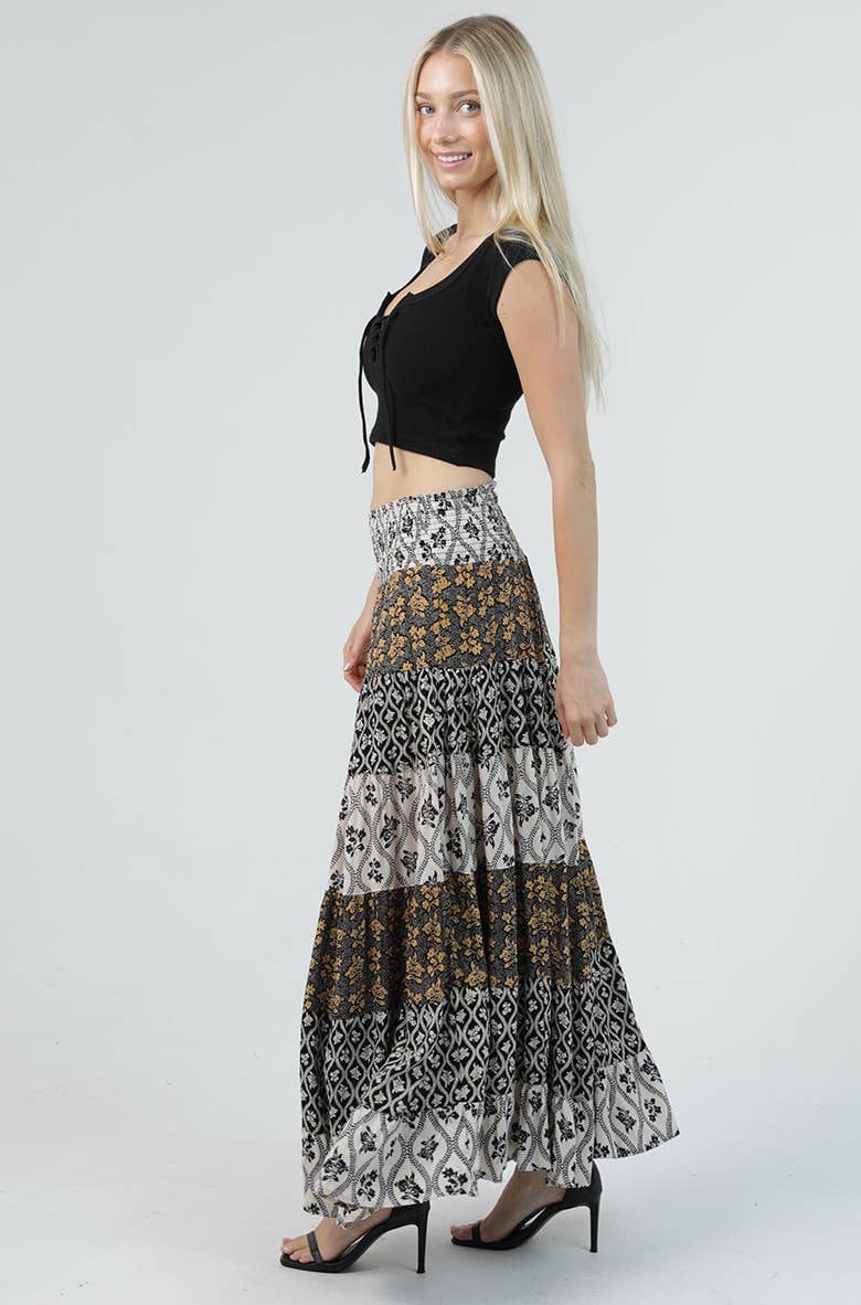 26P57-AA04 MIX PRINT TIERED A LINE SMOCKED WAISTBAND MAXI SK