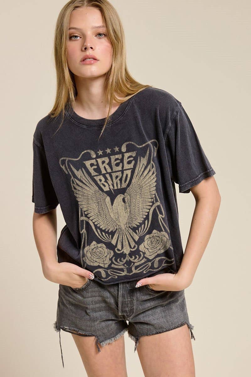 Free Bird Vintage Graphic Raw Hem Faux Crop Tee