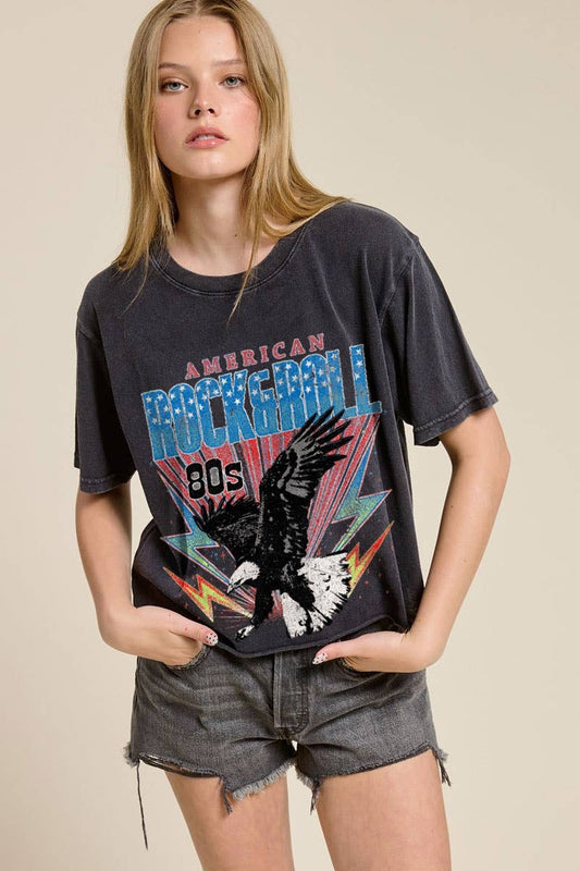 American Rock & Roll 80S Graphic Raw Hem Faux Crop Tee