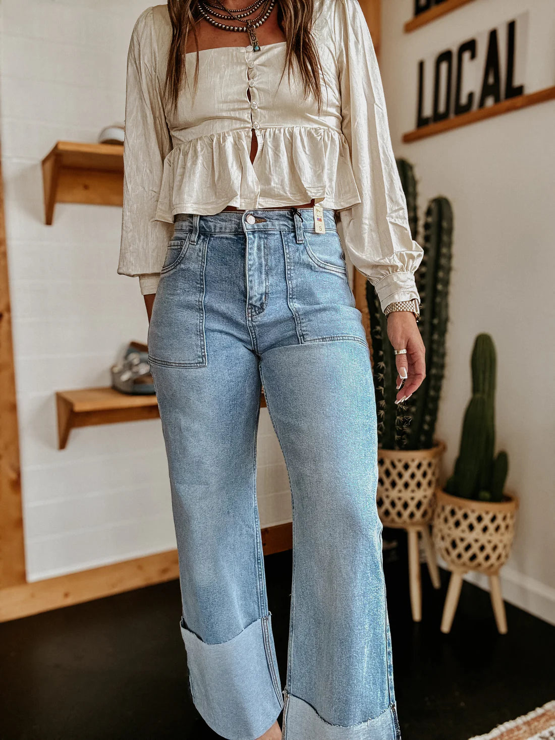 High-Waisted Wide Leg Cuffed Jeans