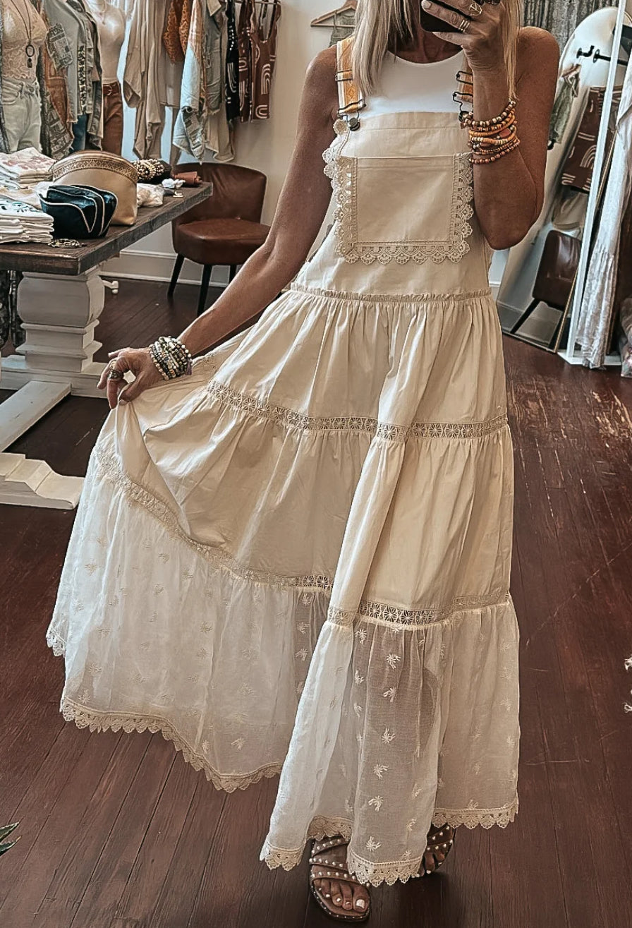 Laced and Tiered Romantic Overall Maxi Dress