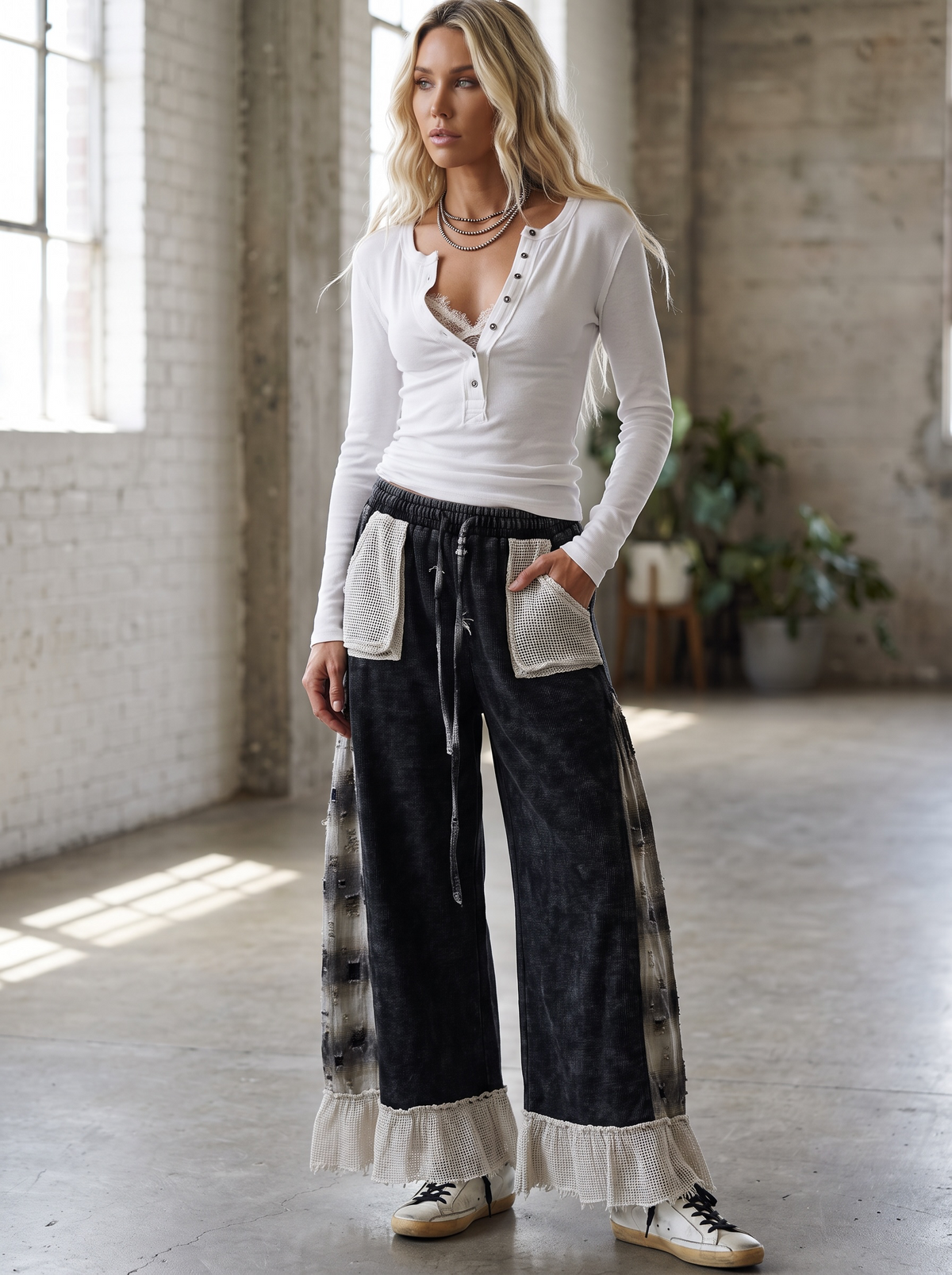 POL Waffle Knit Plaid Wide Leg Pants