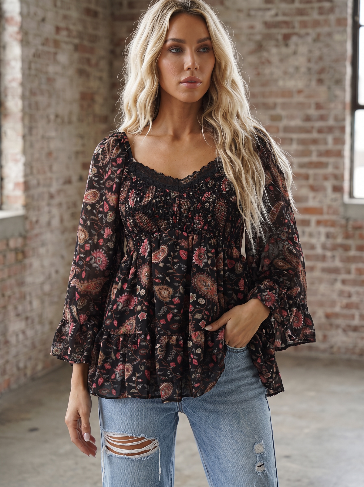 Angie Floral Bell Sleeve Top