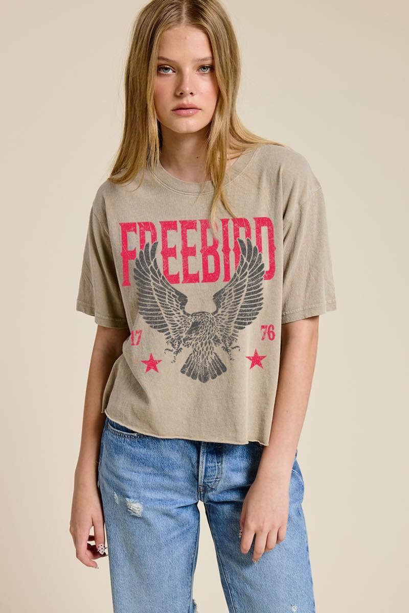 Free Bird 1776 Vintage Graphic Raw Hem Faux Crop Tee