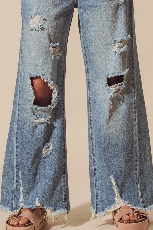 Mid Rise Distressed Wide Leg Jeans