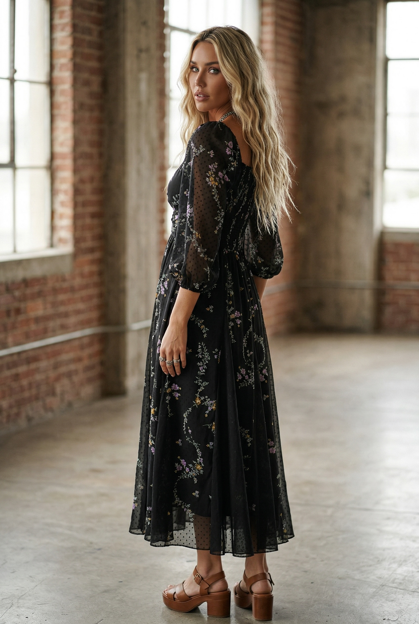 Angie Floral Swiss Dot Maxi Dress