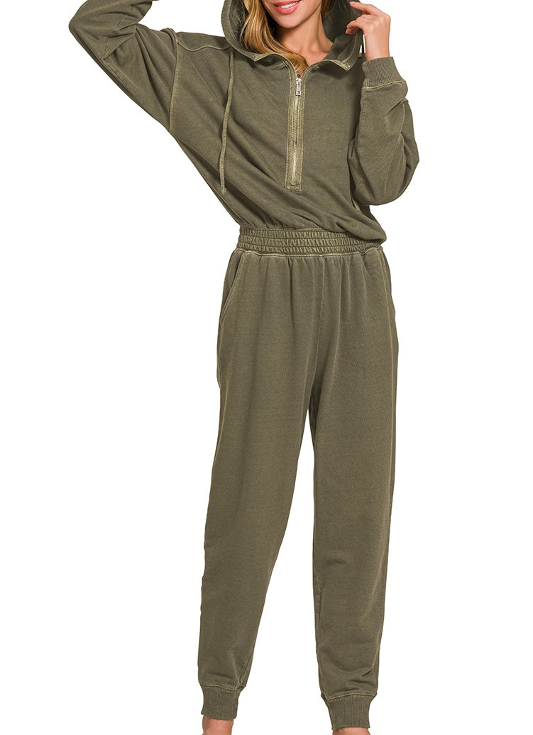 Washed 1/2 Zip Jumpsuit