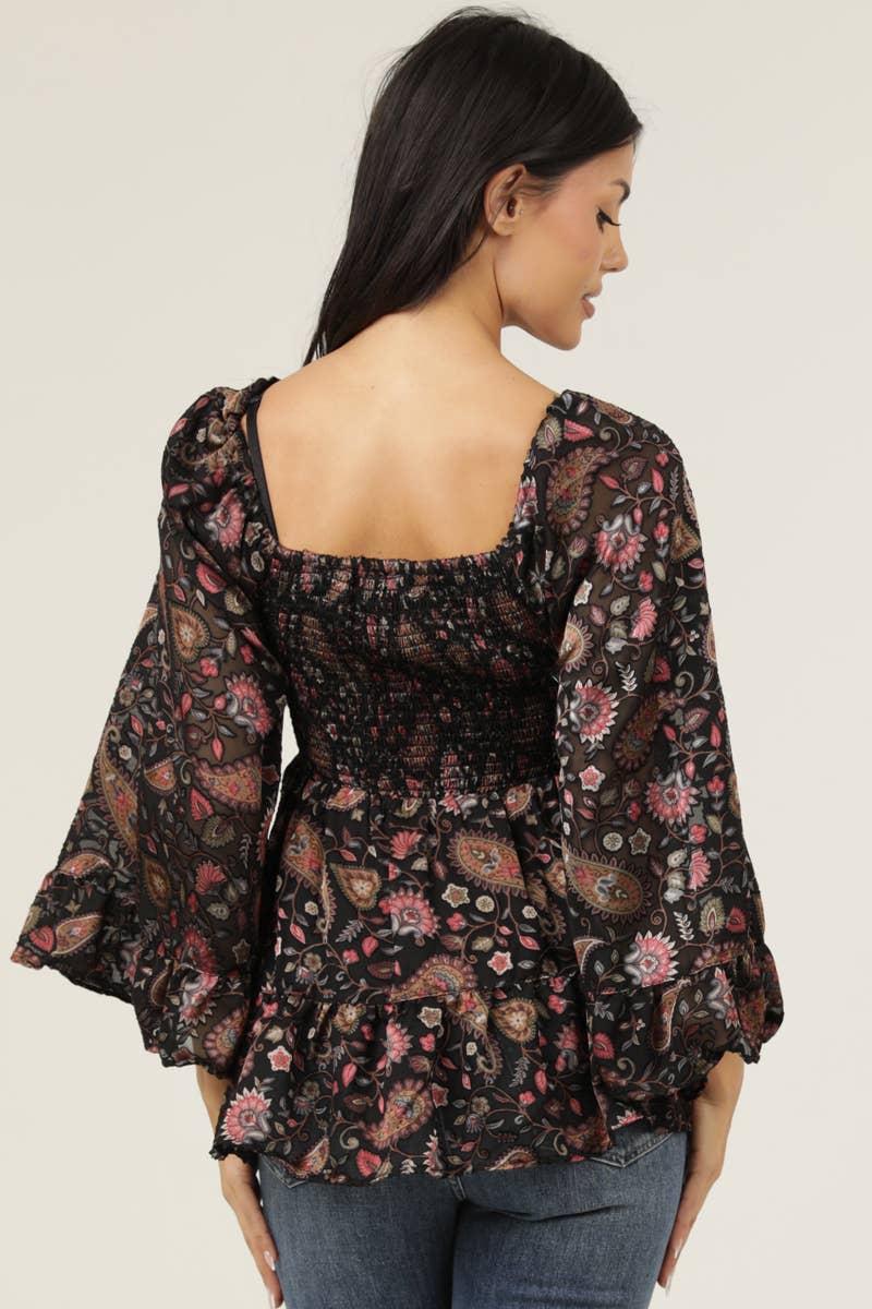 C2E10-SN45 BURNOUT SATIN BELL SLEEVE LACE TRIM BLOUSE