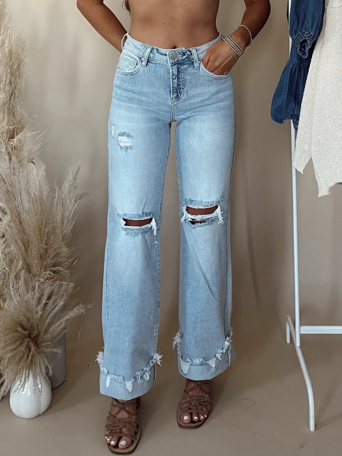 RISEN Full Size High Rise Distressed Wide Leg Jeans