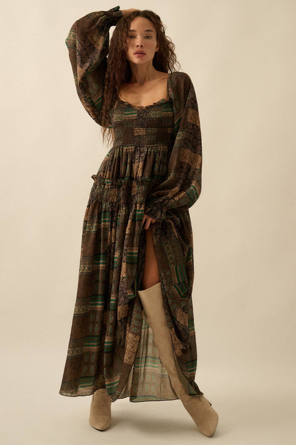 Patchwork-Print Smocked Bubble-Sleeve Midi Dress