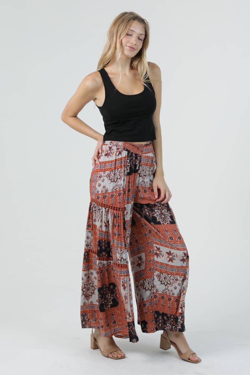 25R84-AA24 PRINTED WIDE LEG FLARE PANTS WITH LACE TRIM