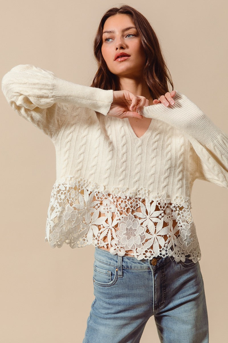 So Me Cable Knit Lace Trim Sweater