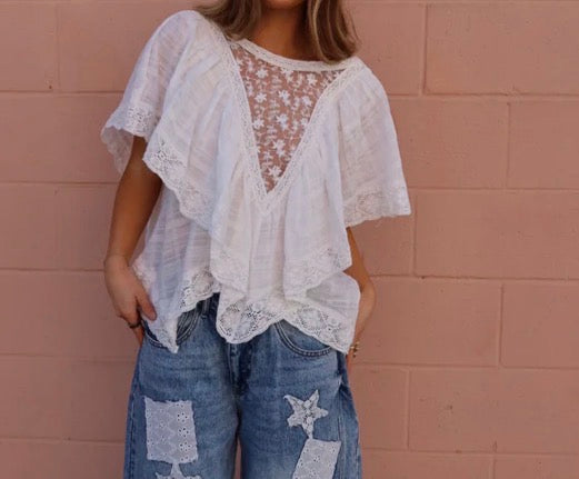 POL Lace Trim V Ruffle Top