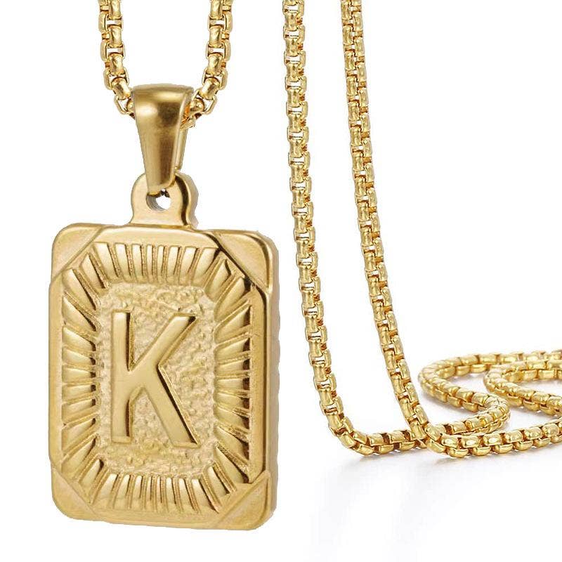 18K Gold Plated Stainless Steel Rectangle Initial Necklace