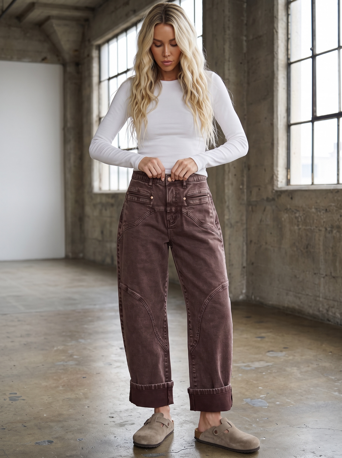 Saige Brown Washed Barrel Jeans