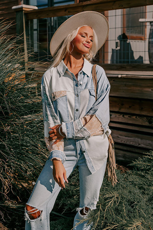 POL Mixed Media Button Down Top