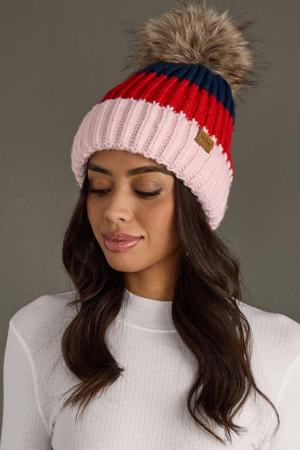 Navy, Red & Pink Color Block Pom Hat