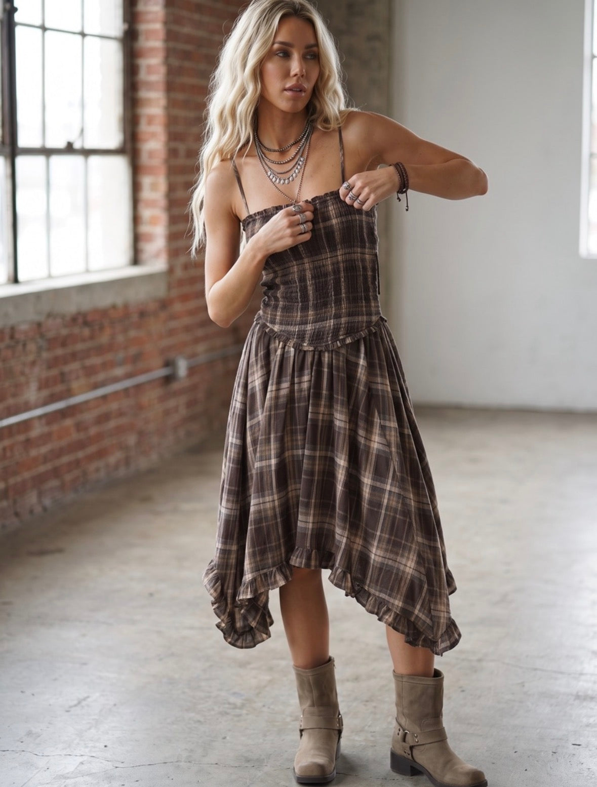 Plaid Smocked Midi Dress