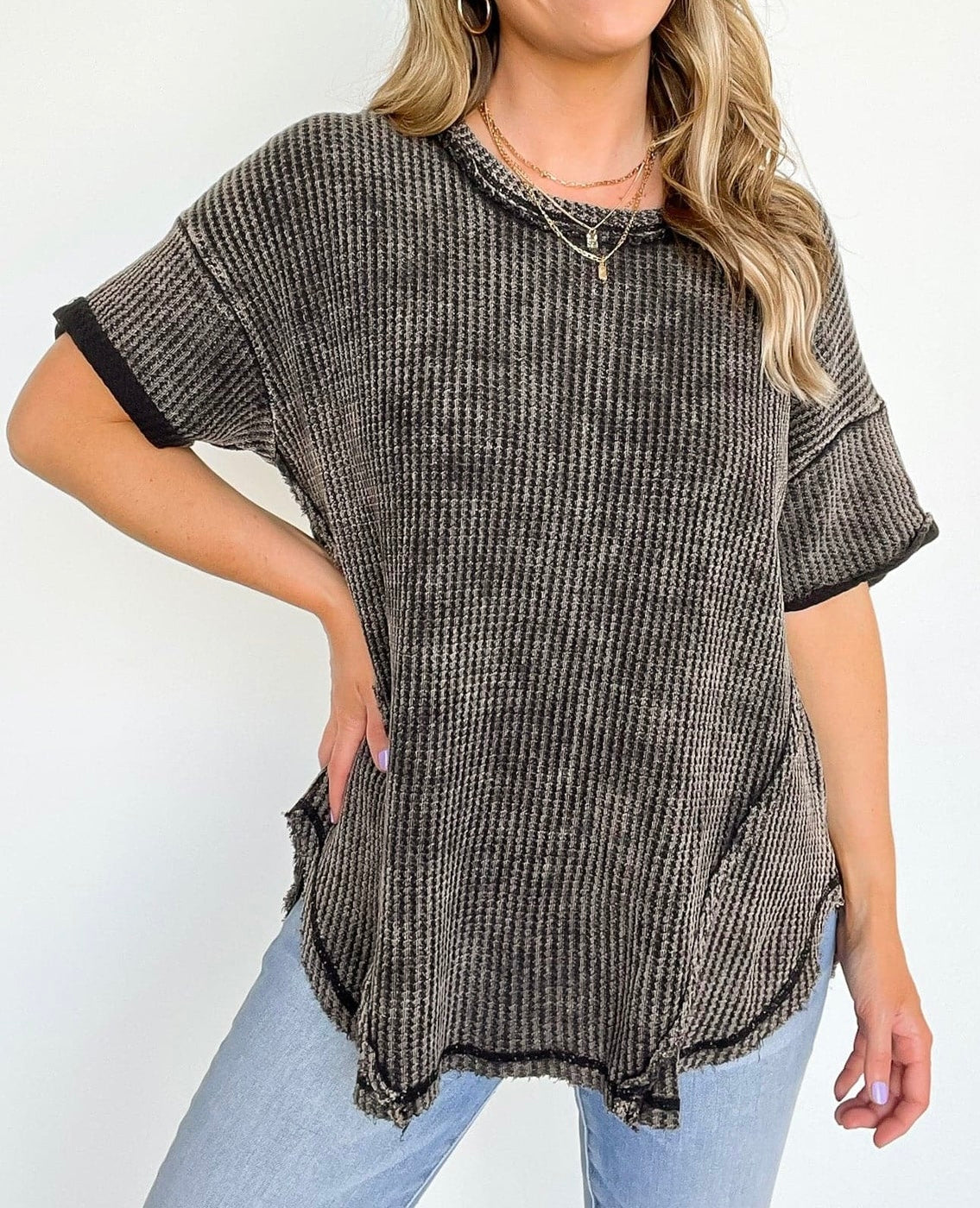 Washed Waffle Short Sleeve Top