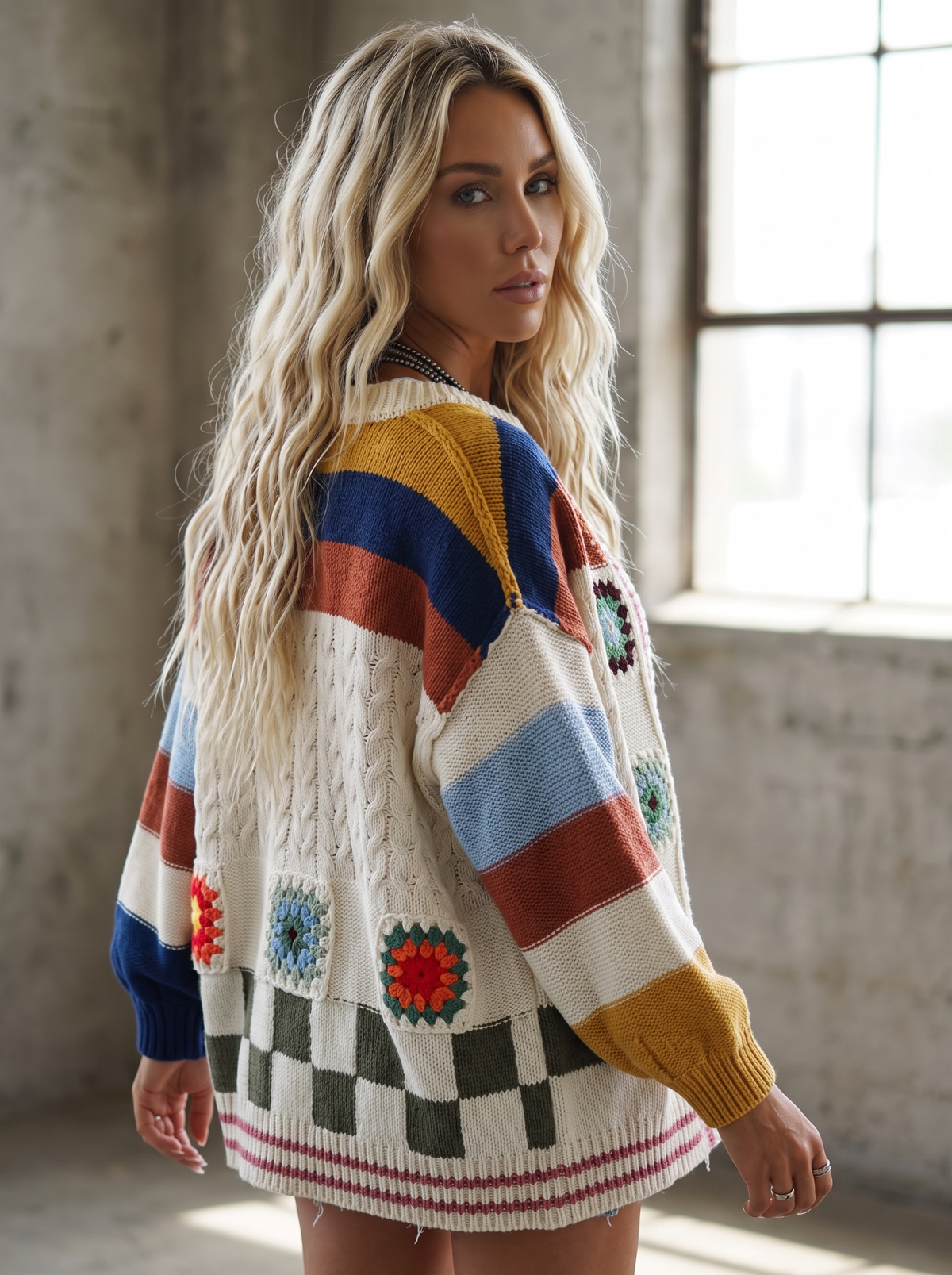 POL Handmade Patchwork Striped Chenille Cardigan