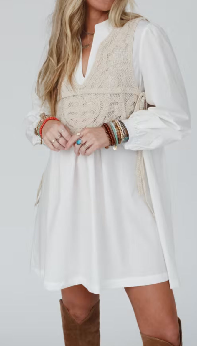 Annie Wear Crochet Vest Notched Long Sleeve Shirt Dress