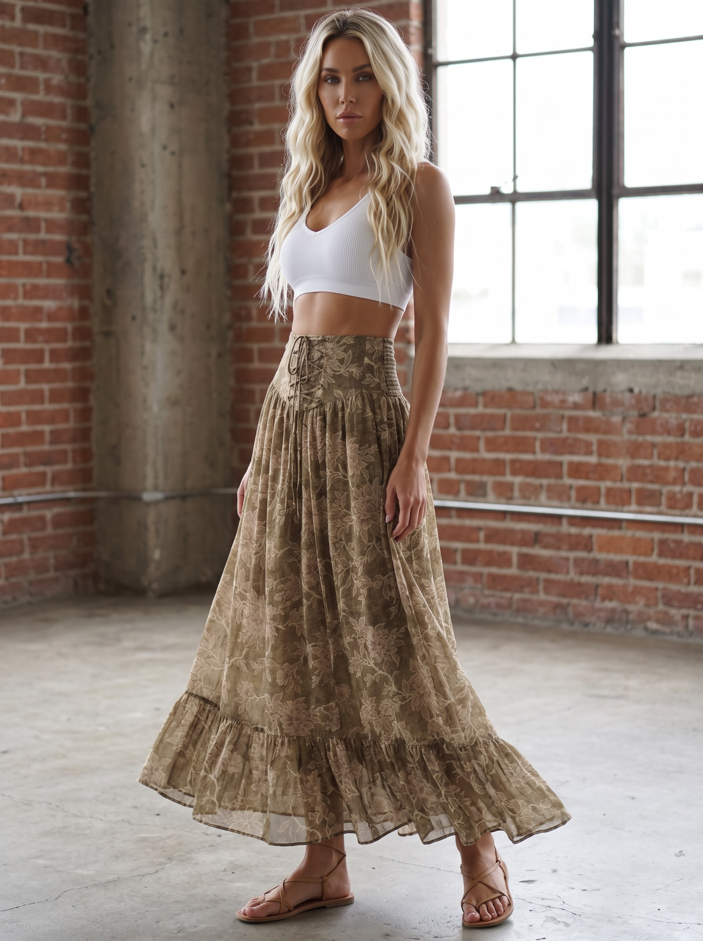Promesa Floral Lace-Up Maxi Skirt