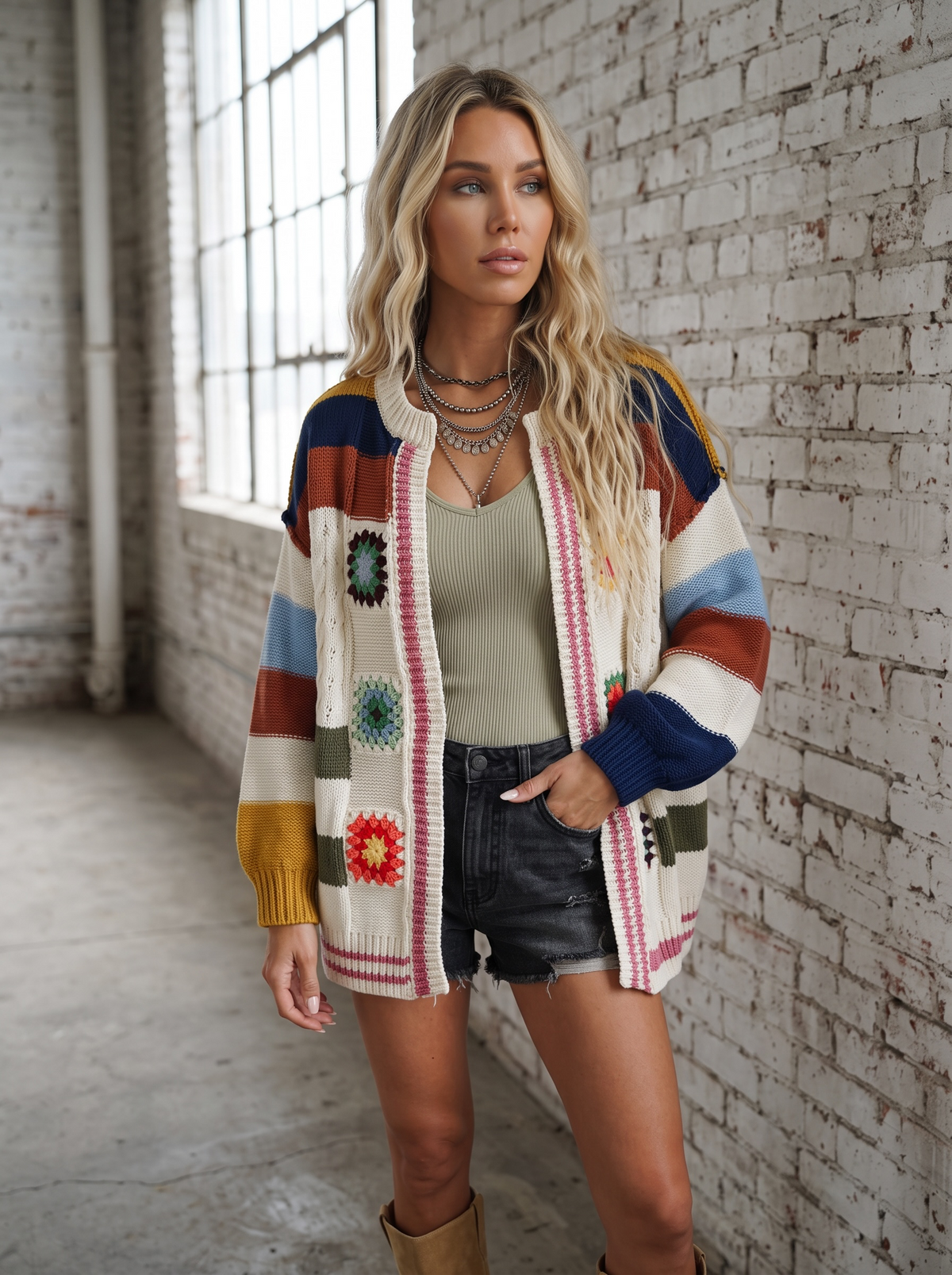 POL Handmade Patchwork Striped Chenille Cardigan