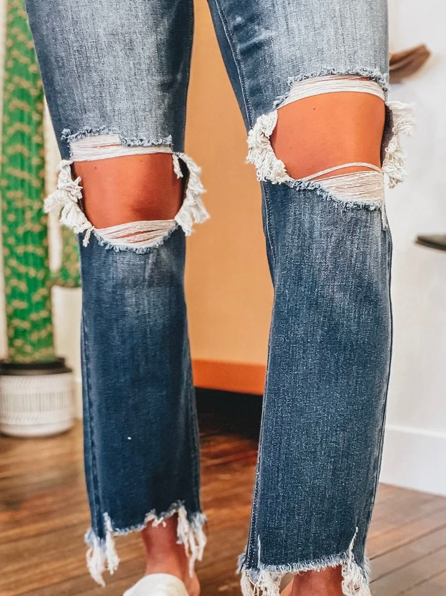 RISEN High Waist Distressed Frayed Hem Cropped Straight Jeans