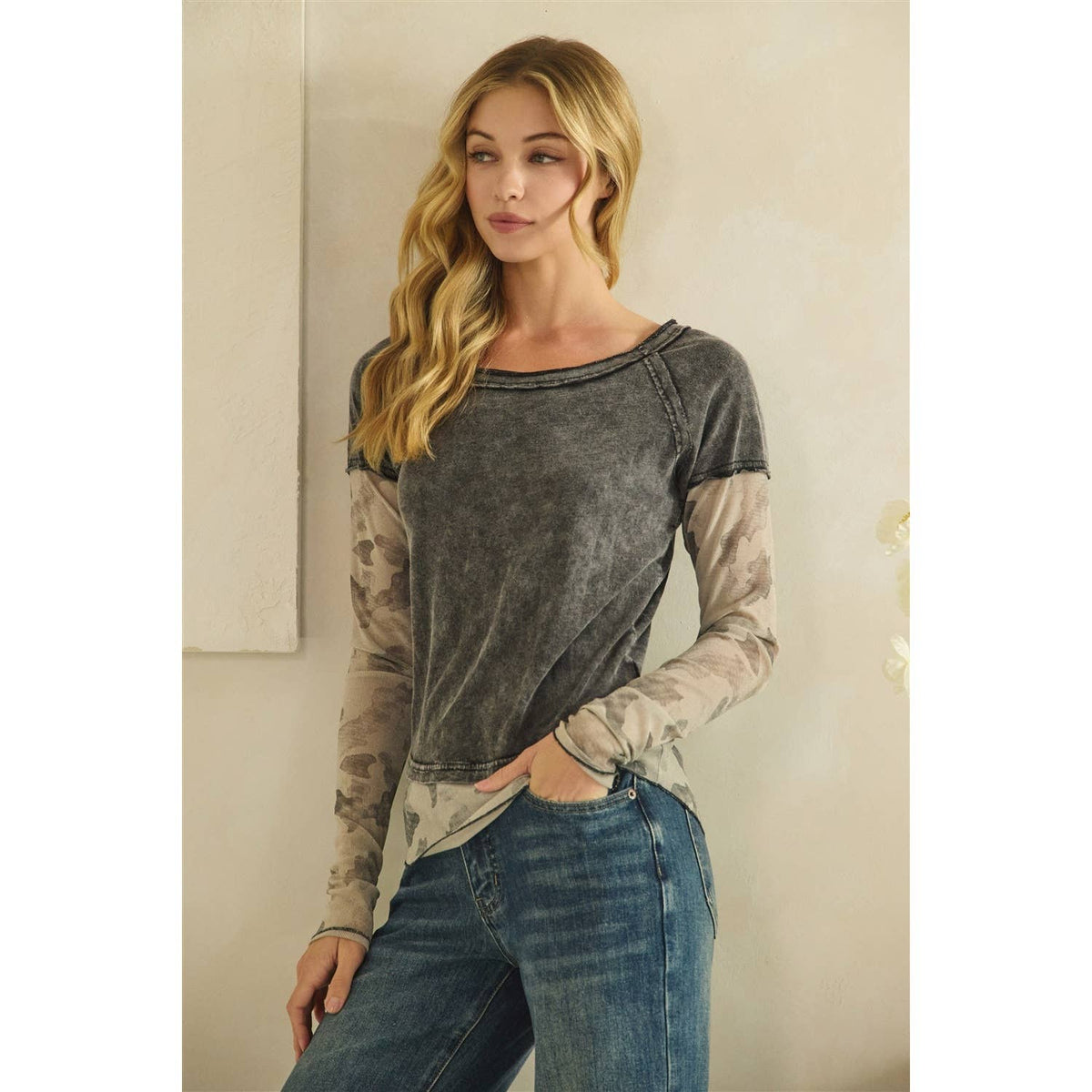 CAMOUFLAGE PRINT MIX LAYERED LOOK PULL OVER