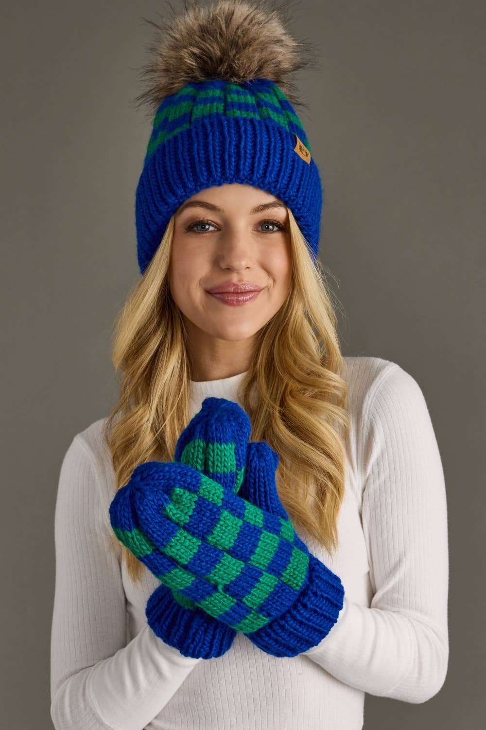 Blue & Green Checkered Pom Hat