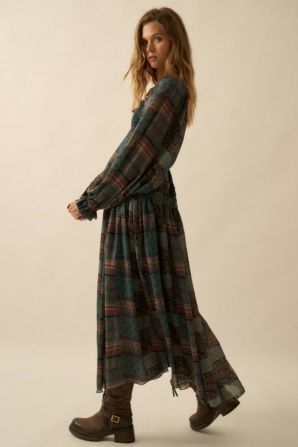 Patchwork-Print Smocked Bubble-Sleeve Midi Dress