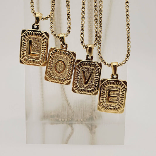 18K Gold Plated Stainless Steel Rectangle Initial Necklace