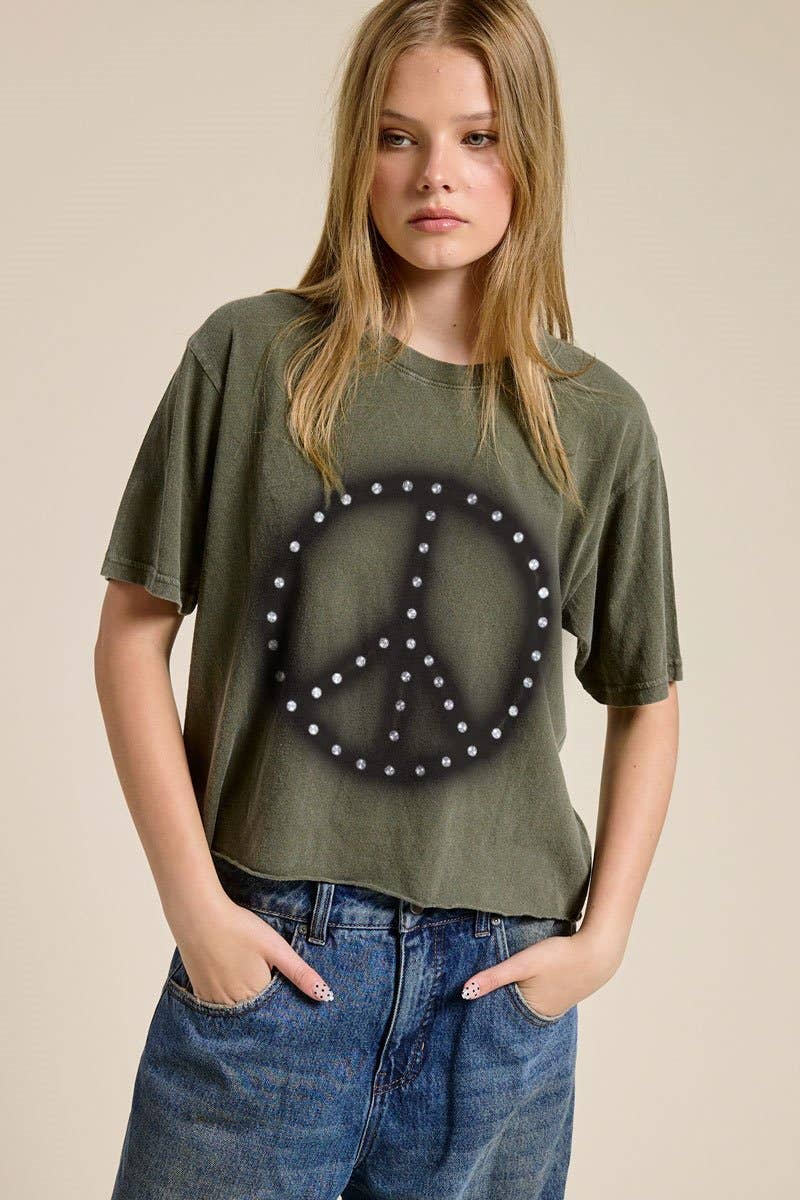 PUFF' Brush Peace Graphic Raw Hem Faux Crop Tee
