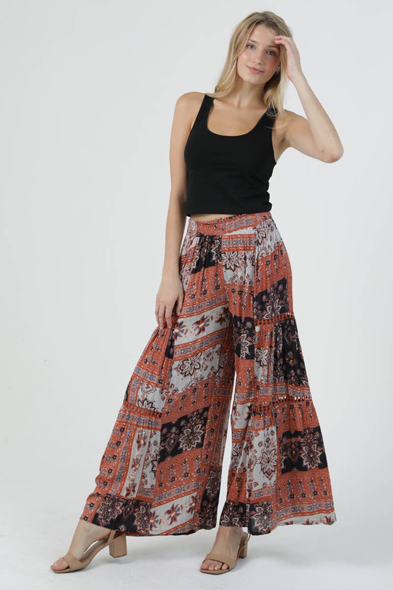 25R84-AA24 PRINTED WIDE LEG FLARE PANTS WITH LACE TRIM