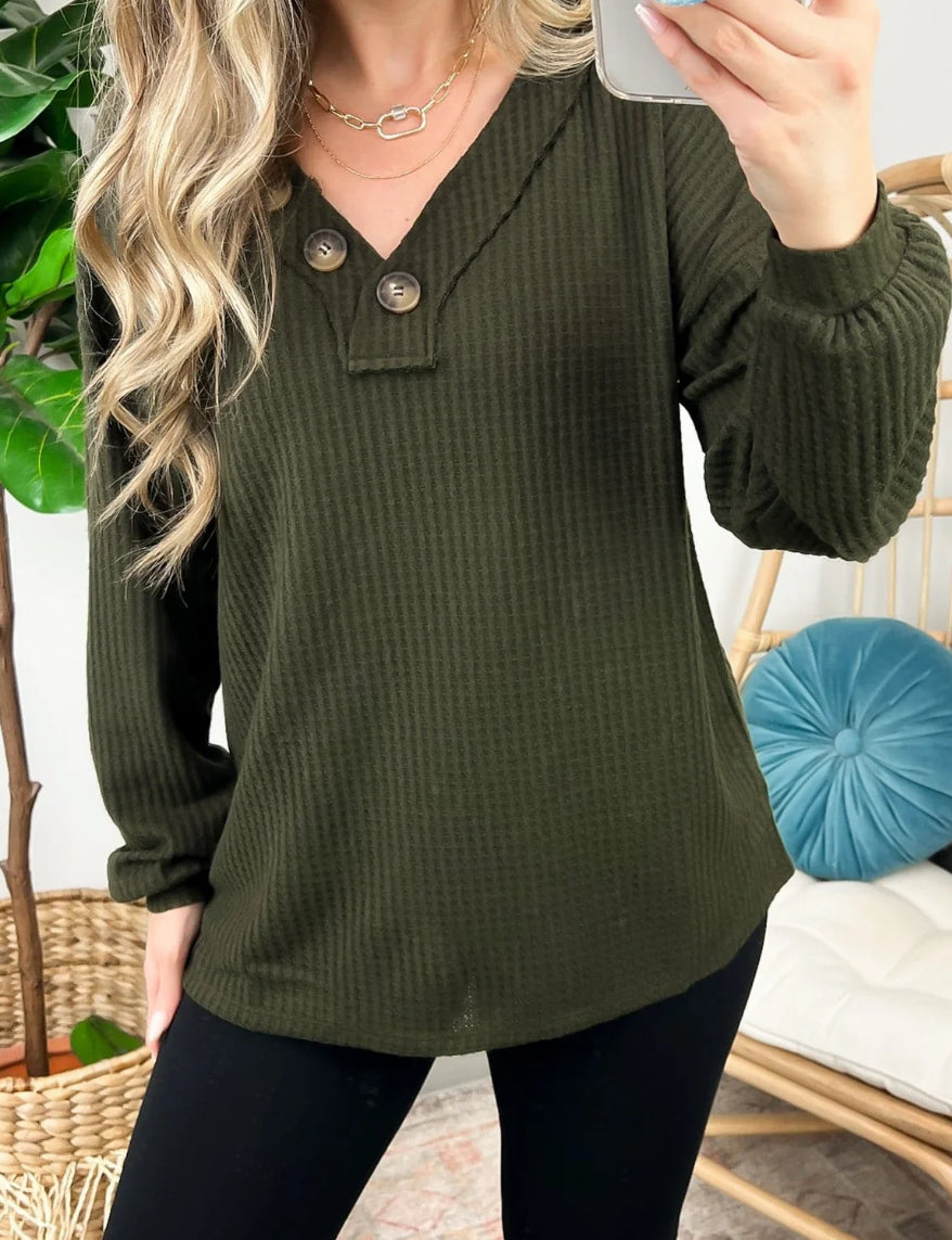 Brushed Waffle V-Neck Button Detail Sweater