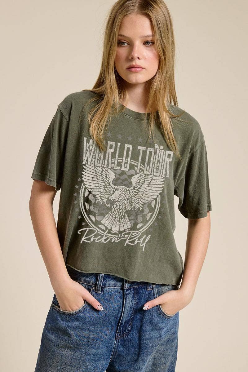 World Tour Rock N Roll Eagle Graphic Faux Crop Tee
