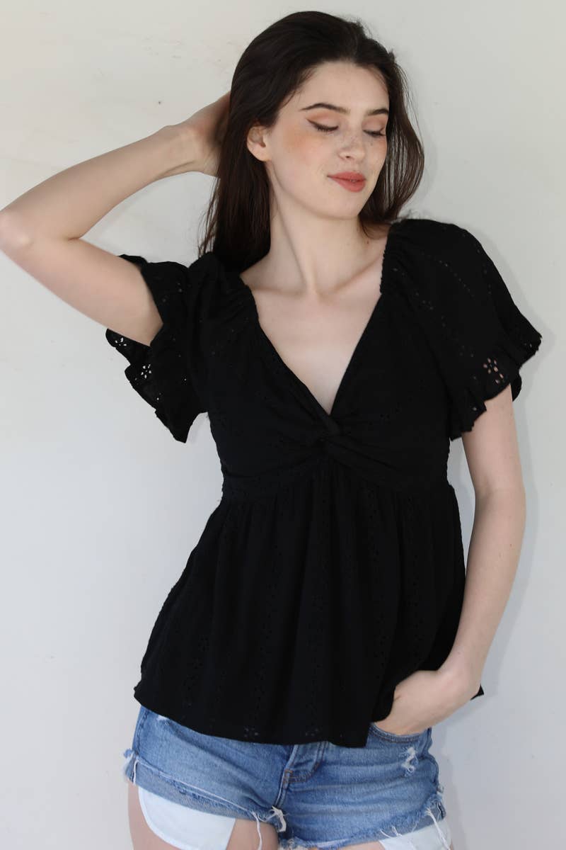 C2186-EM08 EYELET EMBROIDERED TWIST FRONT BLOUSE