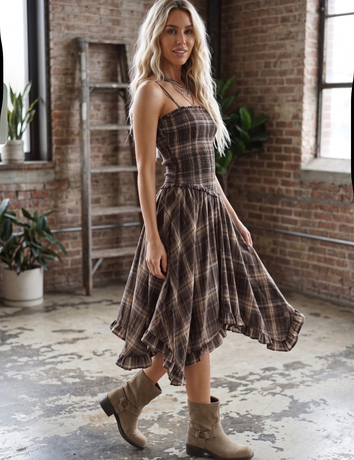 Plaid Smocked Midi Dress
