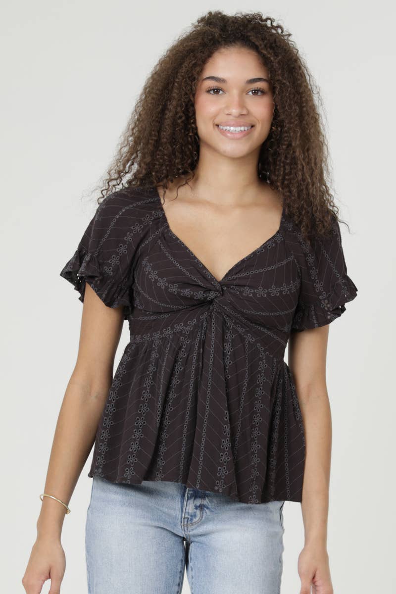 C2186-EM08 EYELET EMBROIDERED TWIST FRONT BLOUSE