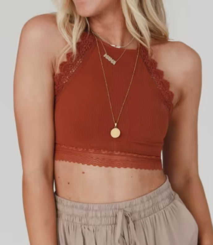 High Neck Crochet Lace Trim Bralette